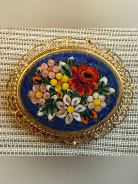 Vintage Blue Floral Micro-Mosaic Brooch - with filigree edging